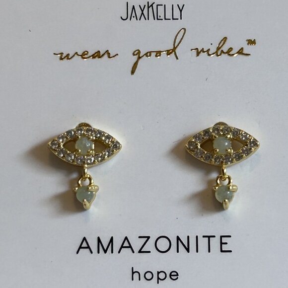 NEW Jax Kelly Green Amazonite Evil Eye Drop Earrings Hope Stone Hypoallergenic - Picture 2 of 8